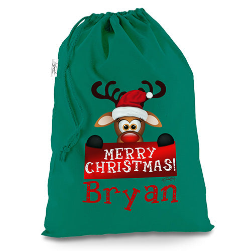 Personalised Merry Christmas Reindeer Banner Green Christmas Santa Sack Mail Post Bag