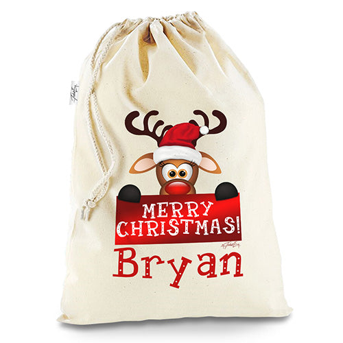 Personalised Merry Christmas Reindeer Banner White Stocking Christmas Santa Sack