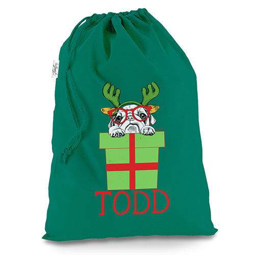 Personalised Christmas Present Pug Green Christmas Santa Sack Gift Bag
