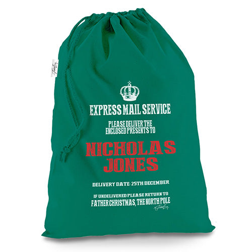 Personalised North Pole Express Cotton Green Christmas Present Santa Sack Mail Post Bag