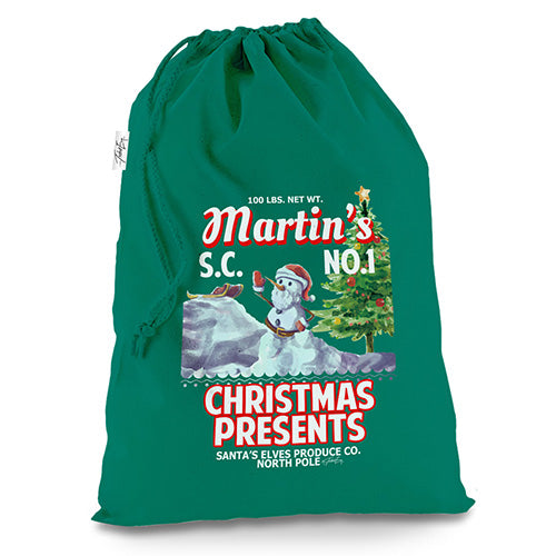 Christmas Presents Vintage Poster Personalised Green Christmas Present Santa Sack Mail Post Bag