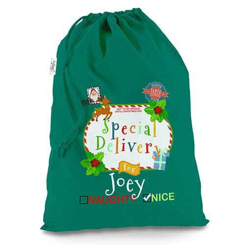 Children's Special Delivery Naughty Nice Personalised Green Christmas Santa Sack Gift Bag