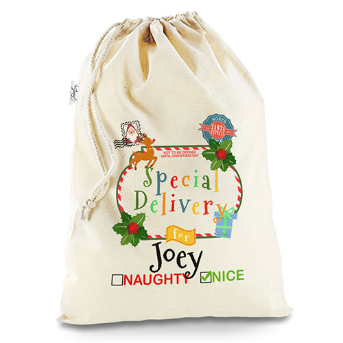 Children's Special Delivery Naughty Nice Sack Personalised White Christmas Santa Present Sack