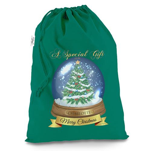 Snow Globe Merry Christmas Personalised Green Christmas Santa Sack Mail Post Bag