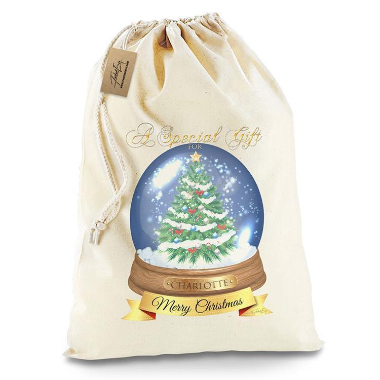 Snowglobe Merry Christmas Personalised Sack White Christmas Santa Present Sack