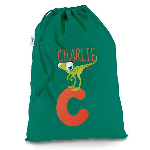 Personalised Baby Dinosaur Letter C Green Christmas Santa Sack Gift Bag