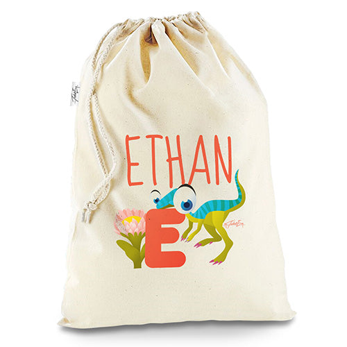 Personalised Dinosaur Letter E White Christmas Santa Present Sack