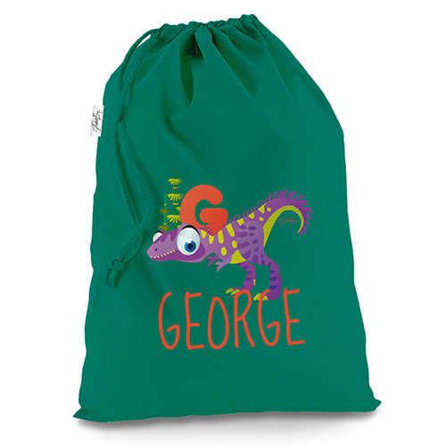 Personalised Baby Dinosaur Letter G Green Christmas Santa Sack Gift Bag