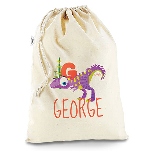 Personalised Dinosaur Letter G White Santa Sack Christmas Stocking Gift Bag