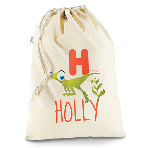 Personalised Dinosaur Letter H White Christmas Santa Present Sack