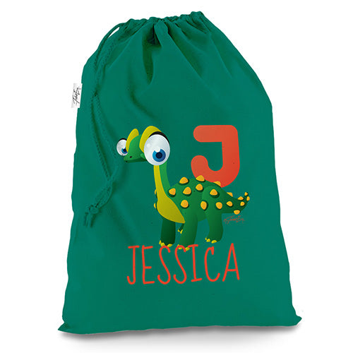 Personalised Baby Dinosaur Letter J Green Christmas Santa Sack Gift Bag
