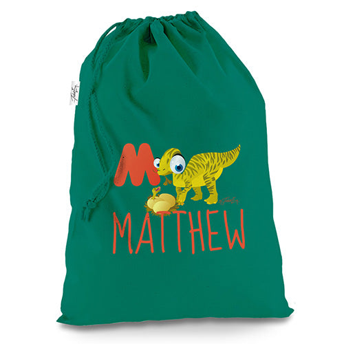 Personalised Baby Dinosaur Letter M Green Christmas Santa Sack Gift Bag