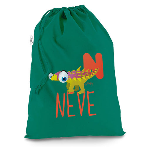 Personalised Baby Dinosaur Letter N Green Christmas Santa Sack Gift Bag