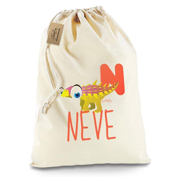 Personalised Dinosaur Letter N White Christmas Santa Present Sack