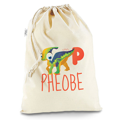 Personalised Dinosaur Letter P White Santa Sack Christmas Stocking Gift Bag