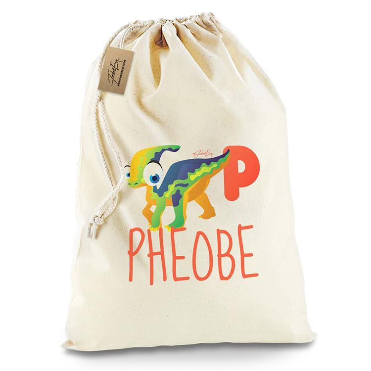 Personalised Dinosaur Letter P White Santa Sack Christmas Stocking Gift Bag