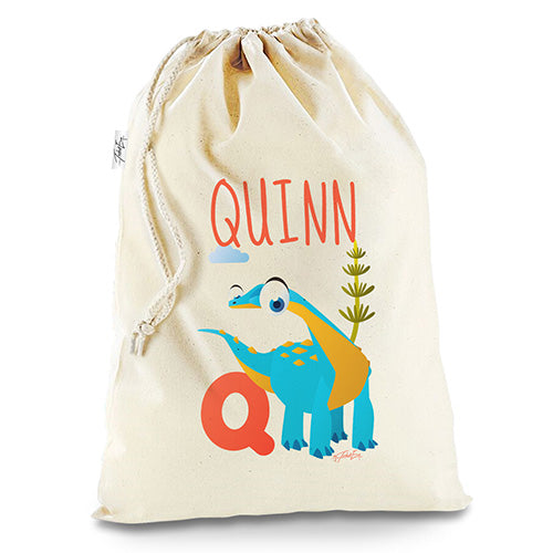 Personalised Dinosaur Letter Q White Christmas Santa Present Sack