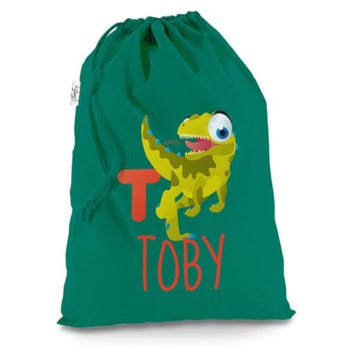 Personalised Baby Dinosaur Letter T Green Christmas Present Santa Sack Mail Post Bag