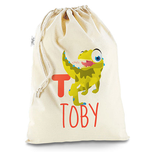 Personalised Dinosaur Letter T White Christmas Santa Present Sack