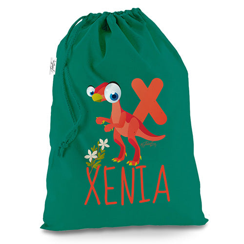 Personalised Baby Dinosaur Letter X Green Luxury Christmas Santa Sack