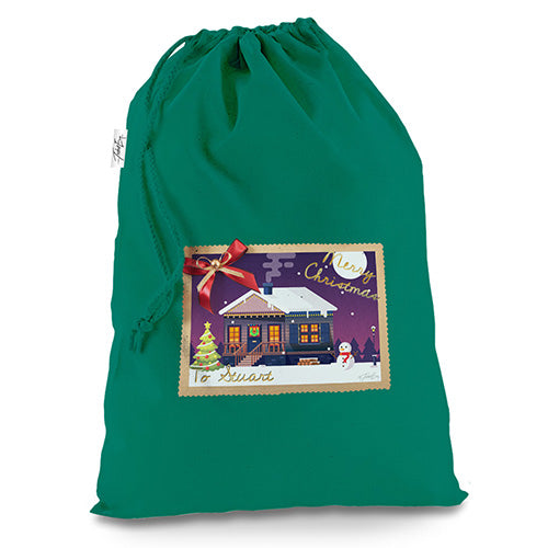 Winter Christmas Landscape Postcard Personalised Green Christmas Santa Sack Gift Bag