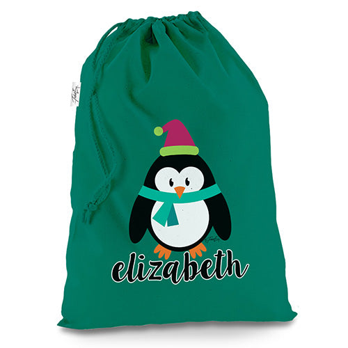 Personalised Christmas Penguin Green Luxury Christmas Santa Sack