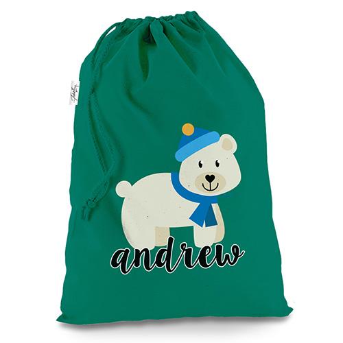 Personalised Polar Bear Green Christmas Present Santa Sack Mail Post Bag