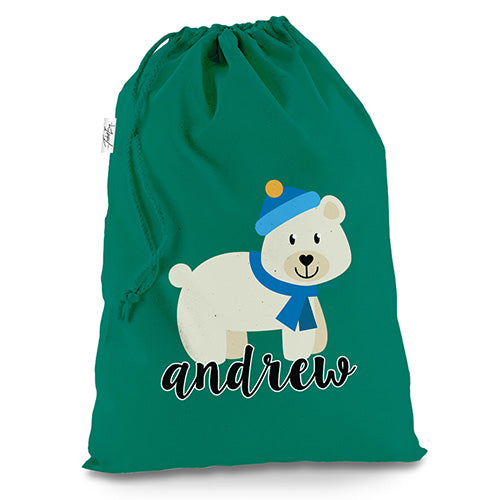 Personalised Polar Bear Green Christmas Santa Sack Mail Post Bag