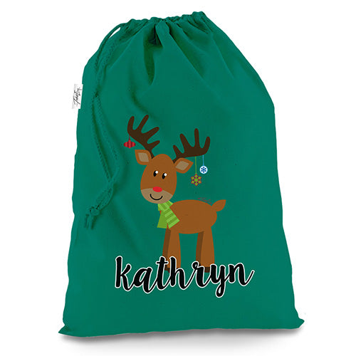 Personalised Cartoon Reindeer Green Christmas Santa Sack Gift Bag