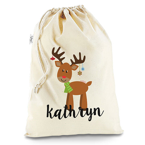 Personalised Cartoon Reindeer White Santa Sack Christmas Stocking Gift Bag