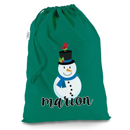 Personalised Cartoon Snowman Green Christmas Santa Sack Mail Post Bag