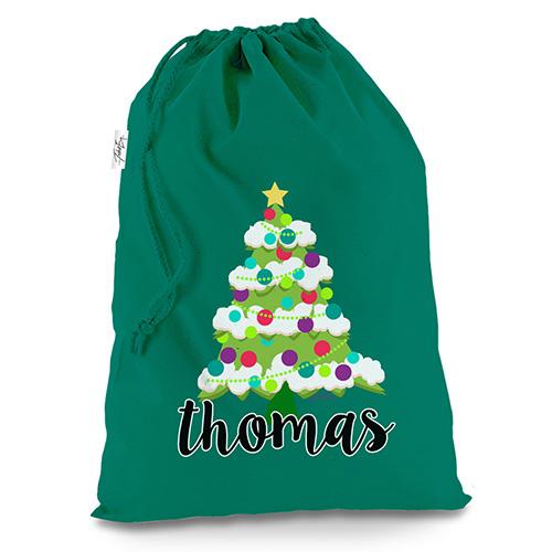 Personalised Cartoon Christmas Tree Green Christmas Santa Sack Gift Bag