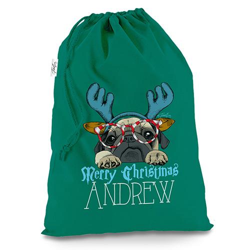 Personalised Candy Cane Pug Green Christmas Santa Sack Gift Bag