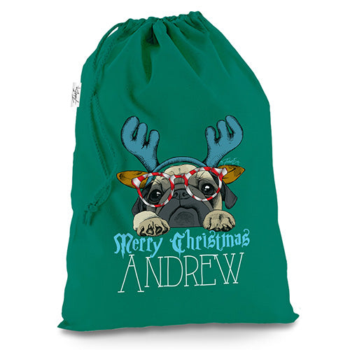 Personalised Candy Cane Pug Green Christmas Santa Sack Mail Post Bag
