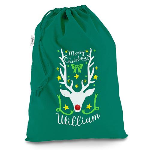 Reindeer Antlers Personalised Green Christmas Santa Sack Gift Bag