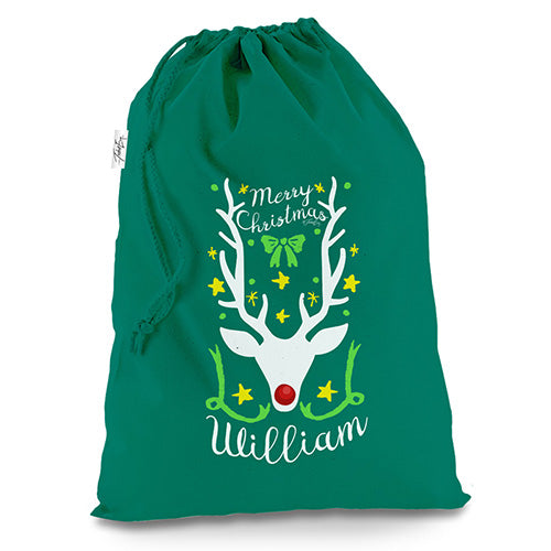 Reindeer Antlers Personalised Green Christmas Santa Sack Mail Post Bag
