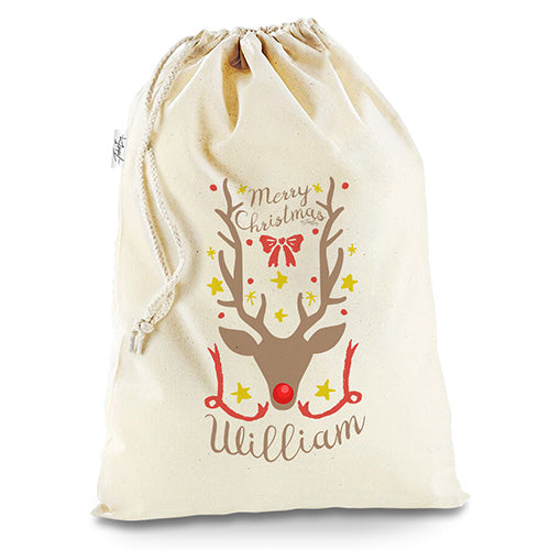 Reindeer Antlers Personalised White Stocking Christmas Santa Sack
