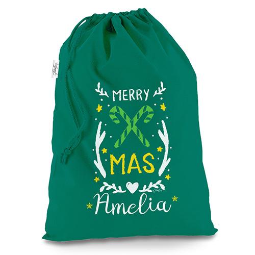 Candy Cane Personalised Green Christmas Santa Sack Gift Bag