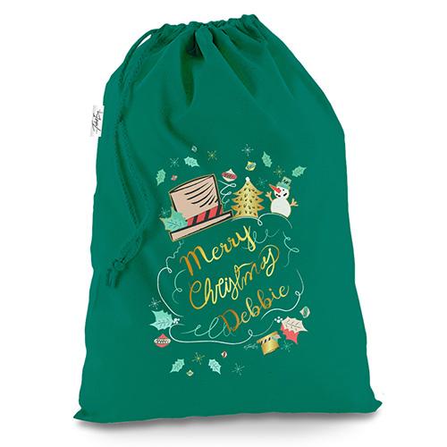 Merry Christmas Top Hat Snowman Personalised Green Christmas Present Santa Sack Mail Post Bag