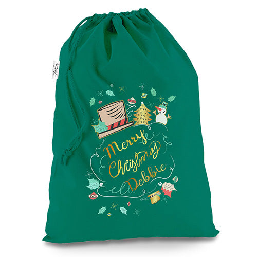 Merry Christmas Top Hat Snowman Personalised Green Christmas Santa Sack Gift Bag