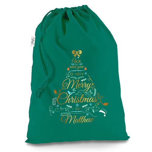 Christmas Ornate Tree Personalised Green Christmas Santa Sack Gift Bag