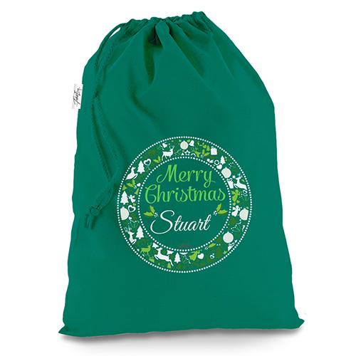 Merry Christmas Wreath Personalised Green Christmas Santa Sack Mail Post Bag