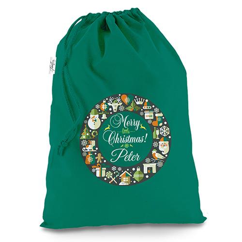 Little Christmas Wreath Personalised Green Christmas Santa Sack Gift Bag