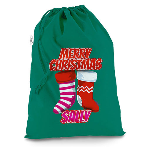 Personalised Merry Stockings Green Christmas Santa Sack Mail Post Bag