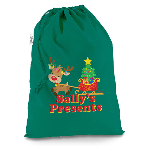 Personalised Reindeer Sleigh Green Christmas Santa Sack Gift Bag