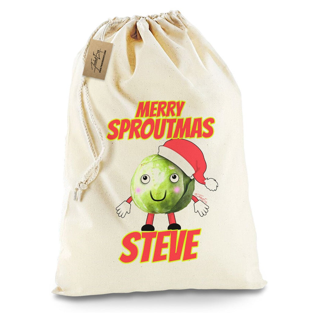 Personalised Merry Sproutmas Hat White Santa Sack Christmas Stocking Gift Bag