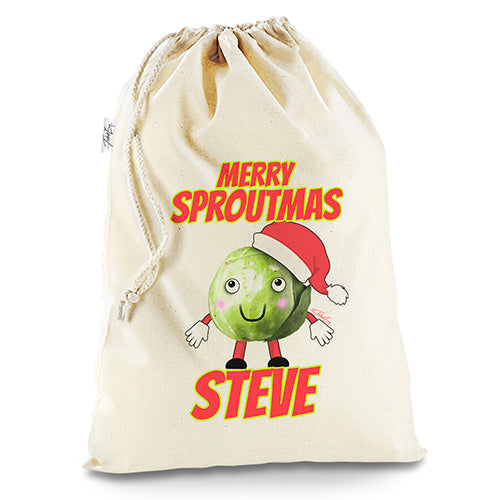 Personalised Merry Sproutmas Hat White Santa Sack Christmas Stocking Gift Bag