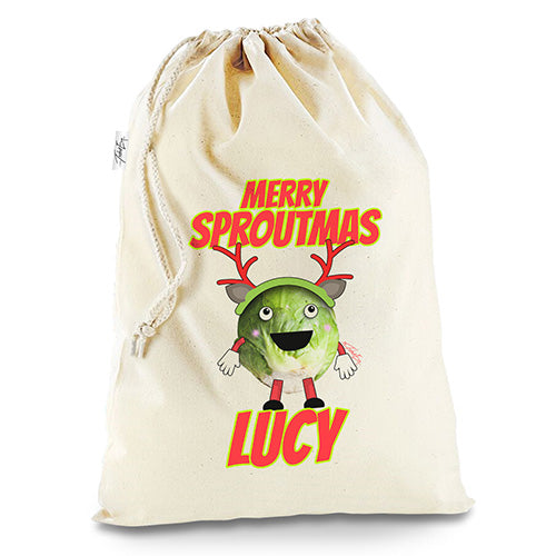 Personalised Merry Sproutmas Antlers White Christmas Santa Present Sack