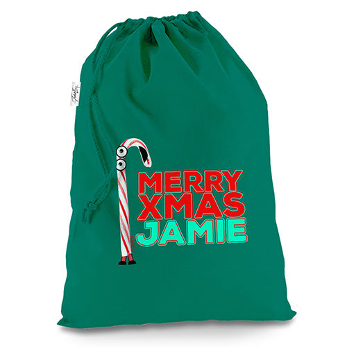 Personalised Cartoon Christmas Candy Cane Green Christmas Santa Sack Gift Bag