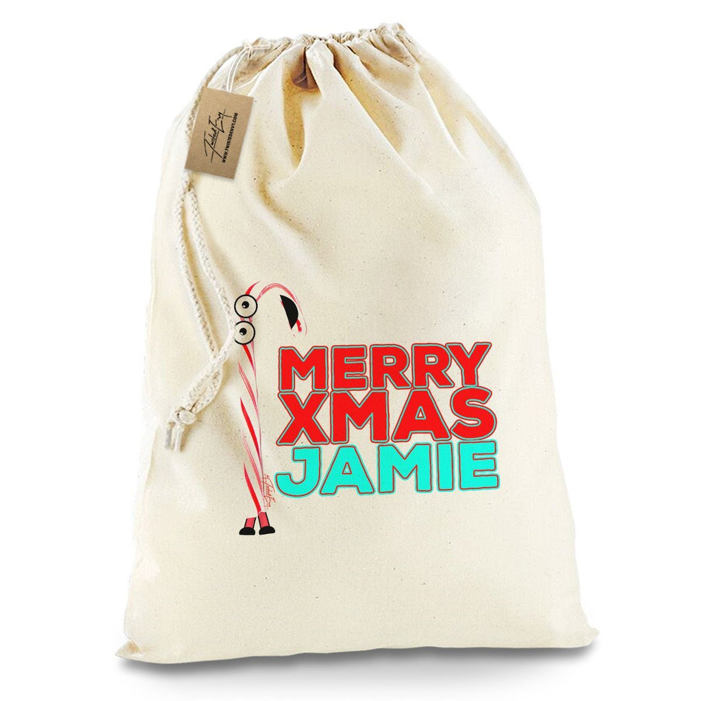 Personalised Cartoon Christmas Candy Cane White Stocking Christmas Santa Sack